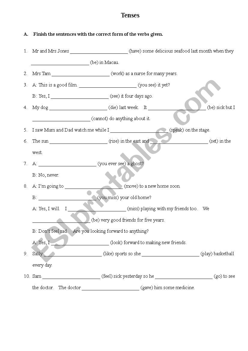 Mixed tenses worksheet