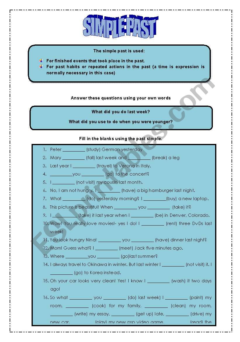 Past time. Past Simple. worksheet