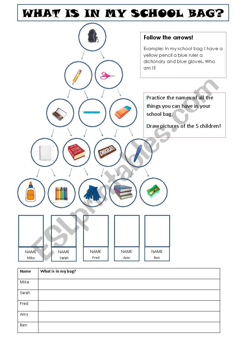 School bag worksheet