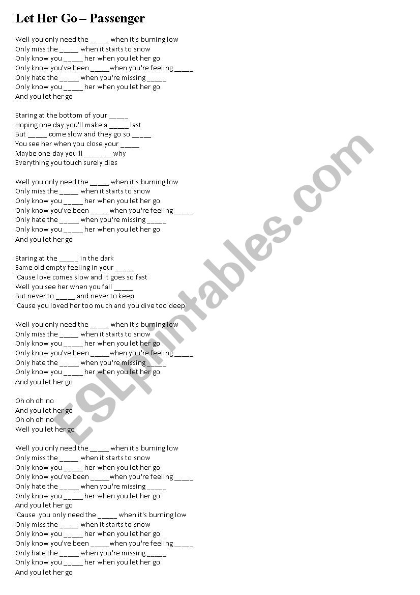 Song: Let Her Go  Passenger Gap filling activity