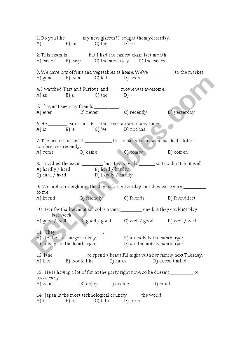 grammar quiz worksheet