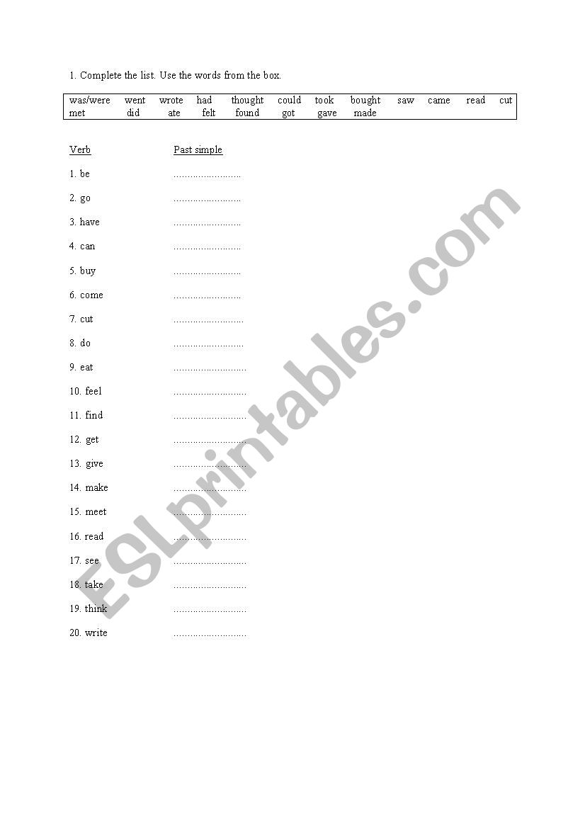 Irregular verbs test worksheet