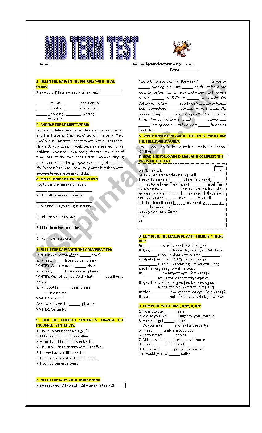 Mid Term test present simple/do,does/some any/wh questions