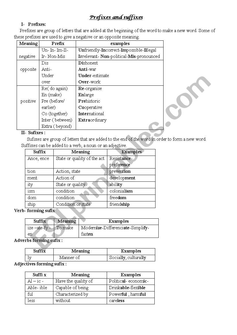 Suffixes and prefixes worksheet