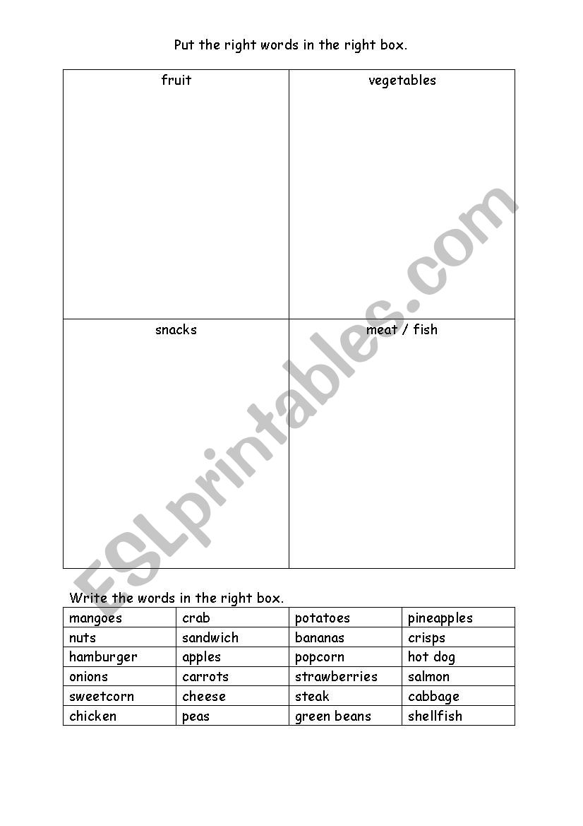 Food sorting worksheet worksheet