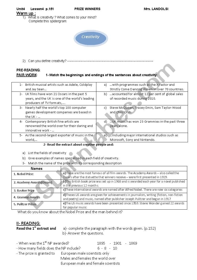 Prize Winners worksheet