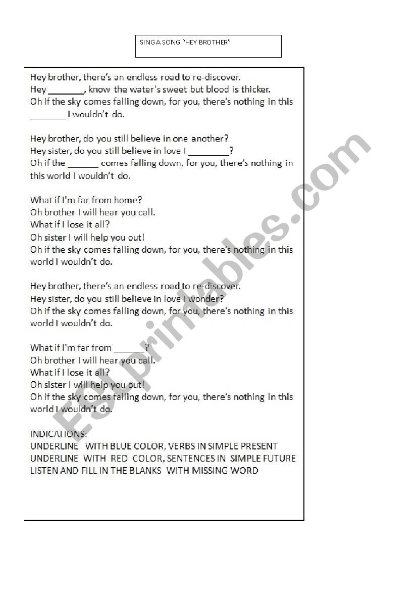 HEY BROTHER worksheet
