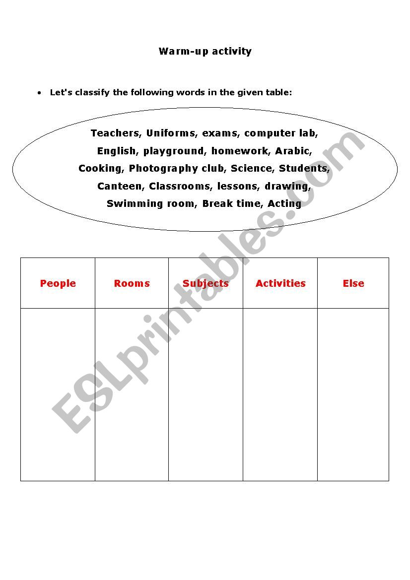 School vocabulary worksheet