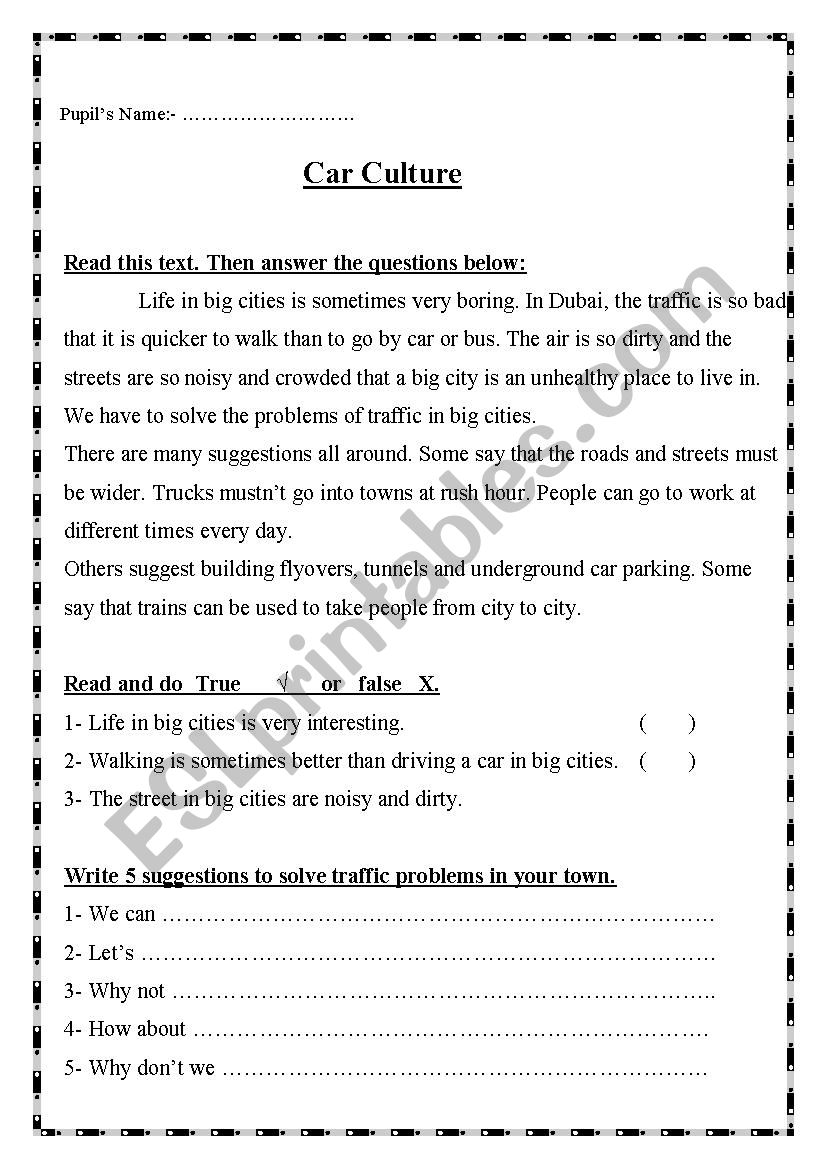 traffic jam worksheet