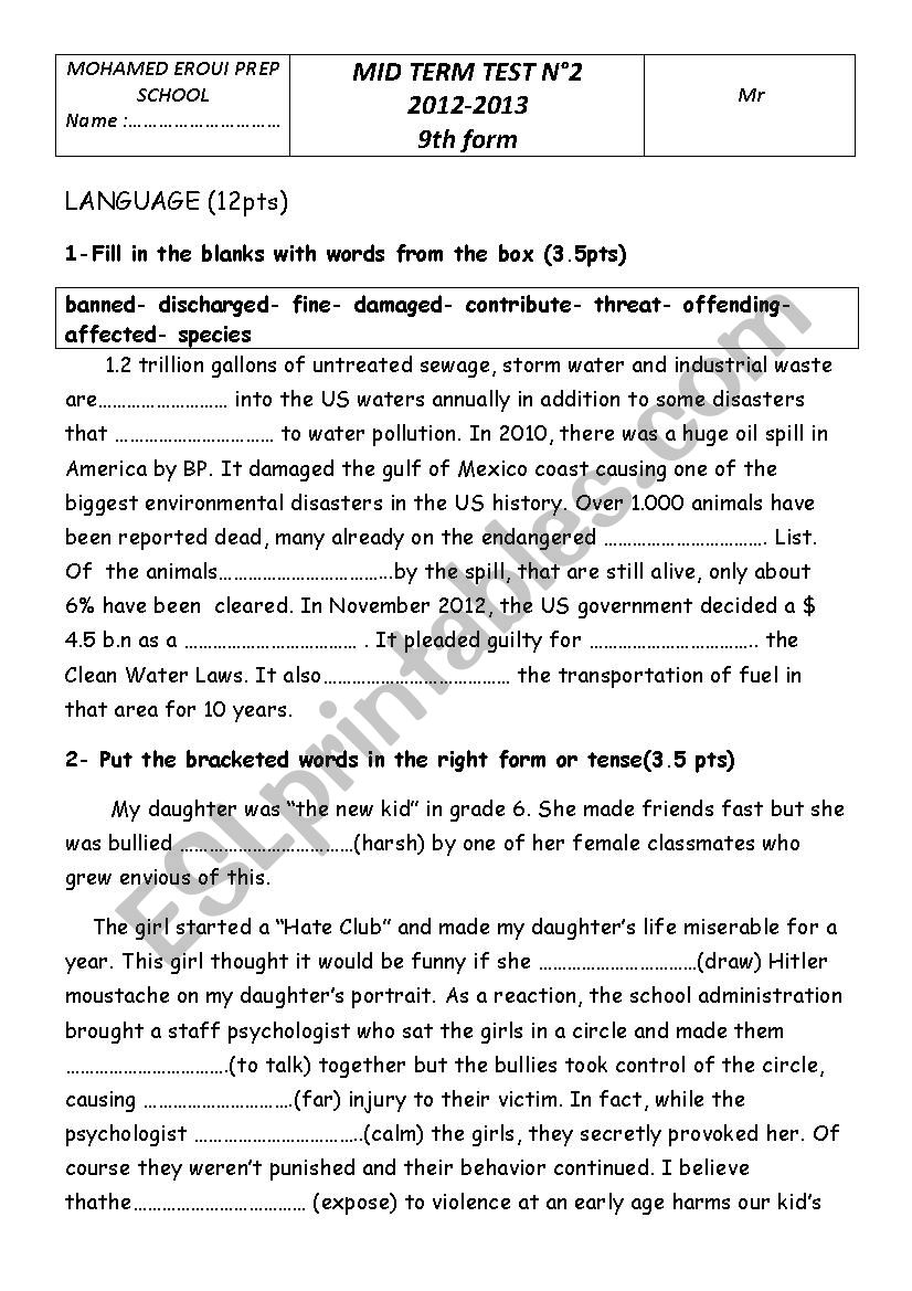 9th form Mid-Term test n°2 worksheet