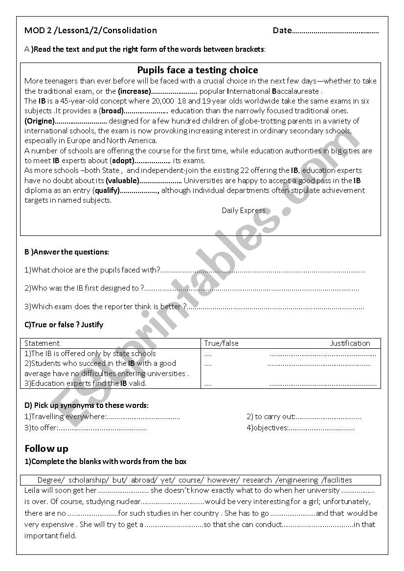 Testing choice worksheet