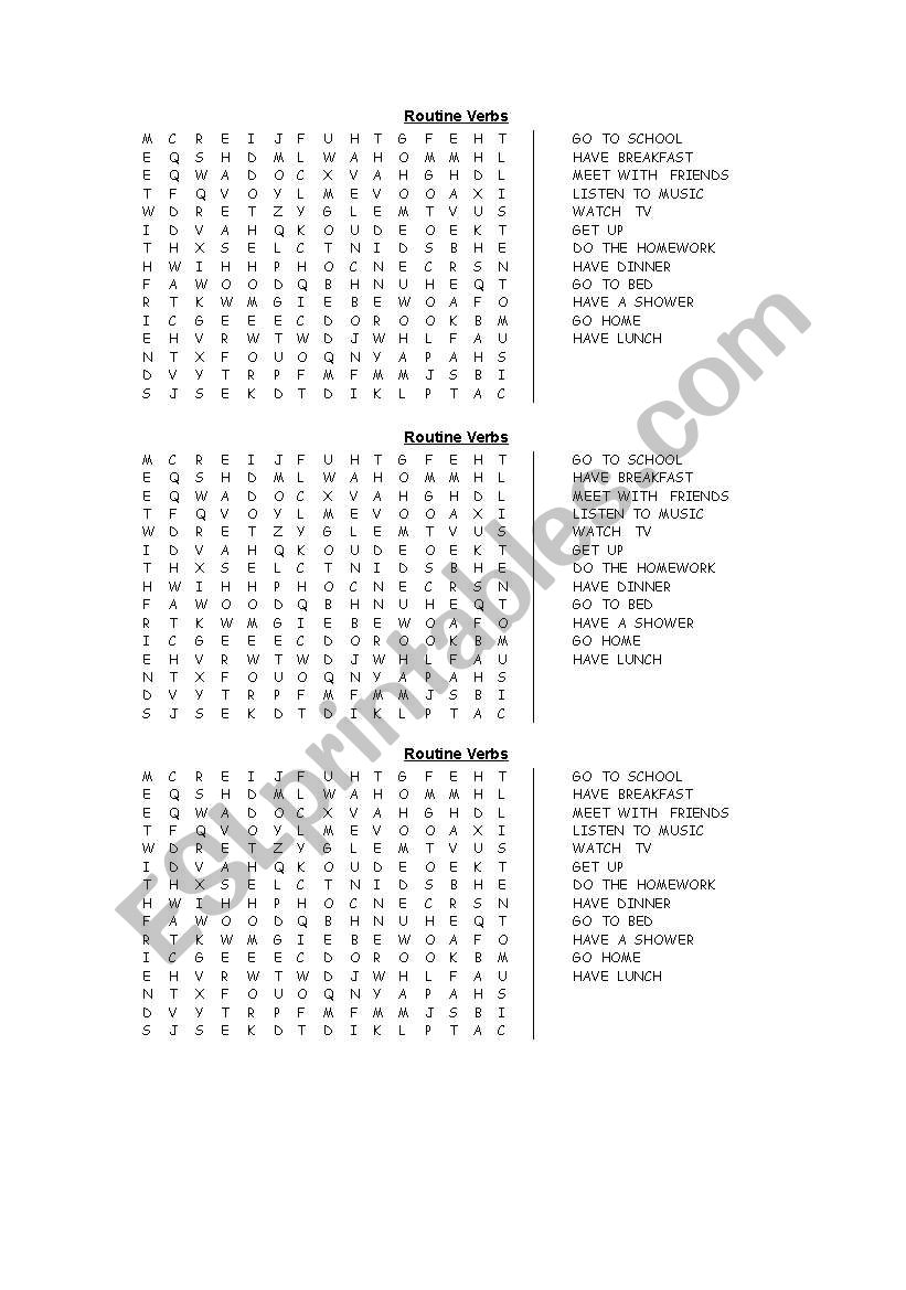 Routine verbs wordsearch worksheet