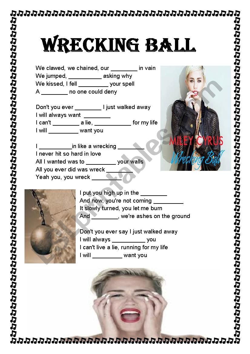 Miley Cyrus Wrecking Ball worksheet