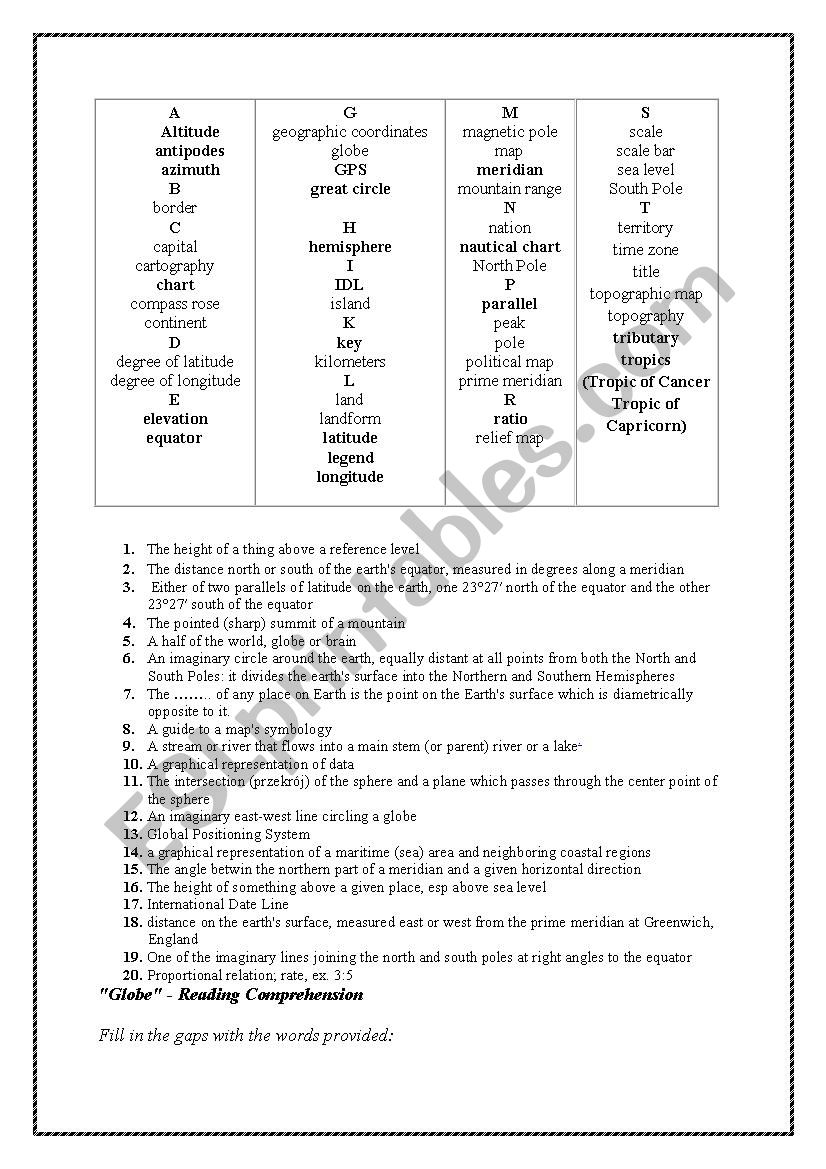 Globe - reading comprehension worksheet