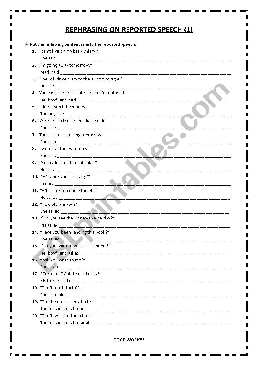 Reported speech worksheet