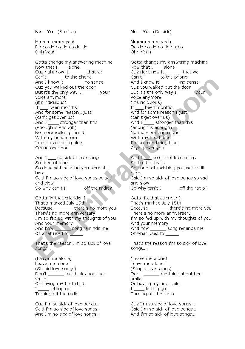 So sick (Ne- Yo)  worksheet