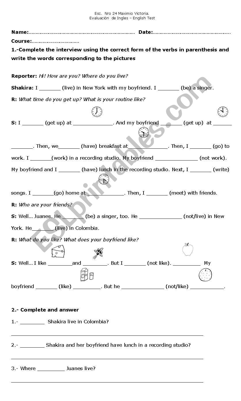 simple present and  time test worksheet