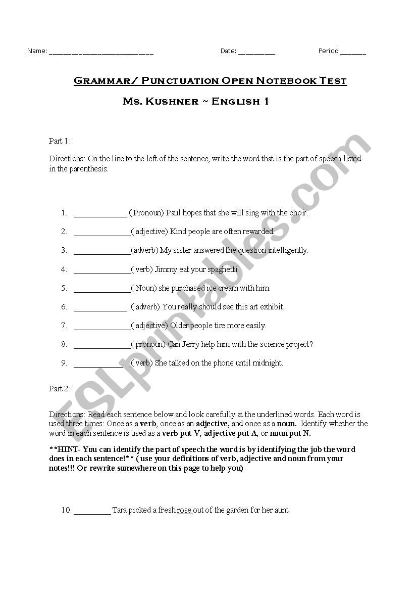 grammer/punctuation test worksheet