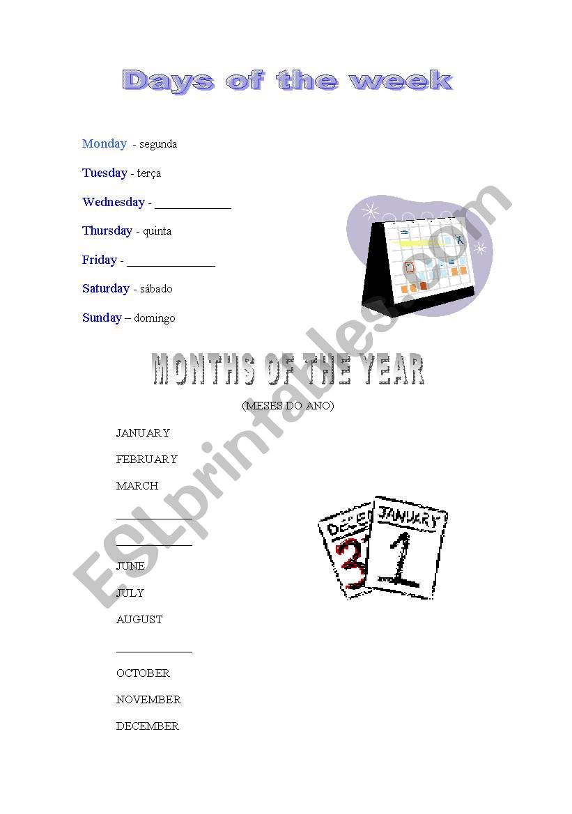 Days and months worksheet