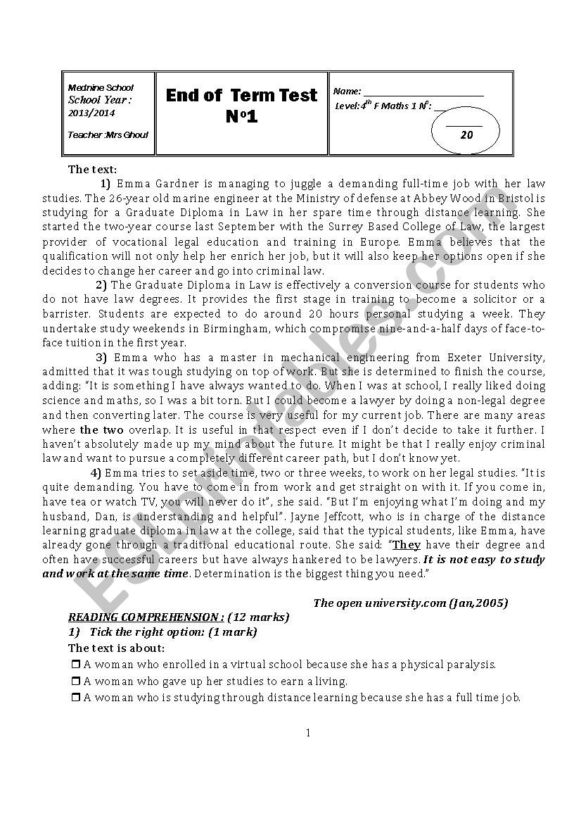 bac math first end of term test