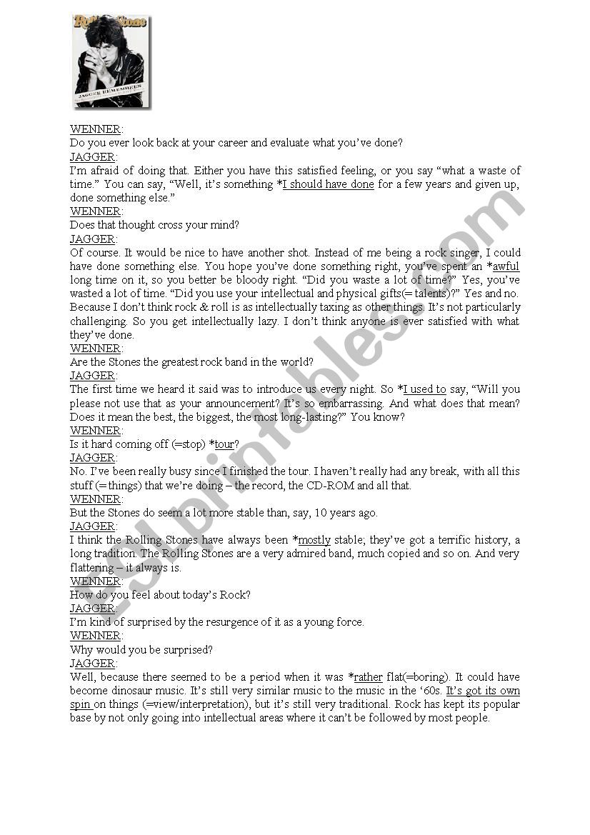 Mick Jagger interview worksheet