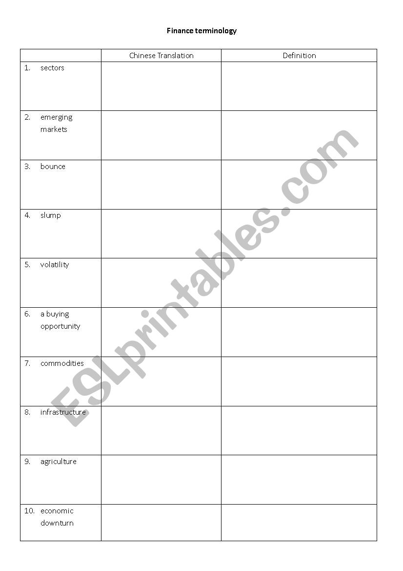 Finance Term worksheet