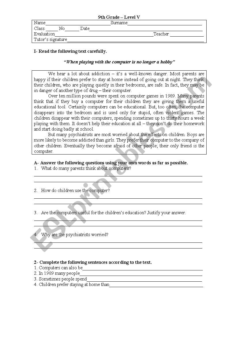 addictions worksheet