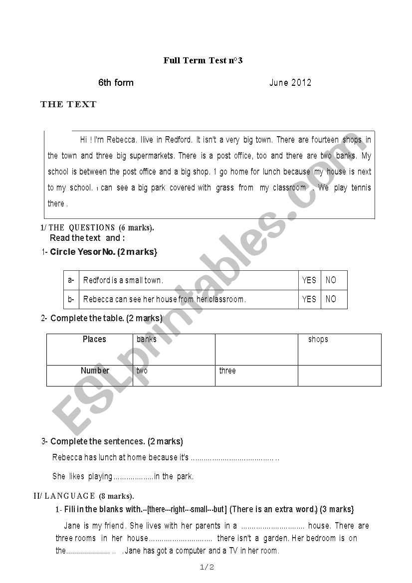 6th form june 2012  test worksheet