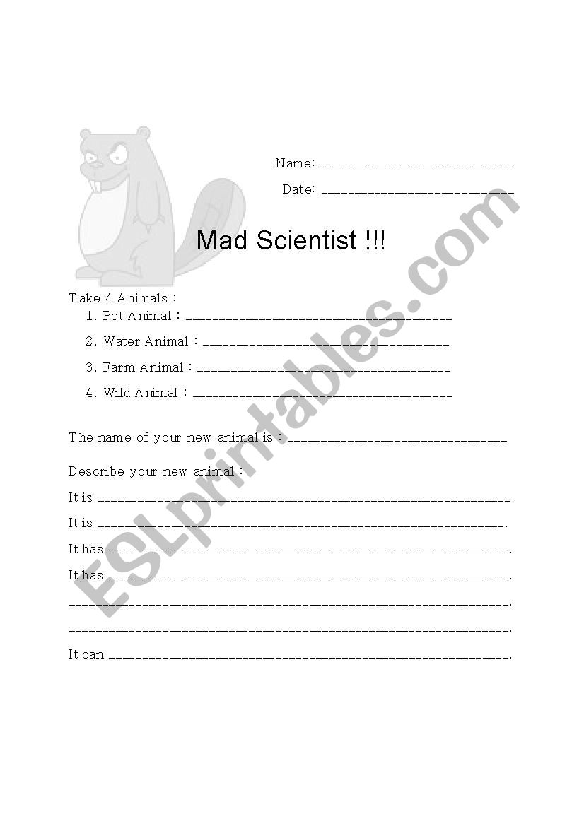 Mad Scientist Animal Project worksheet