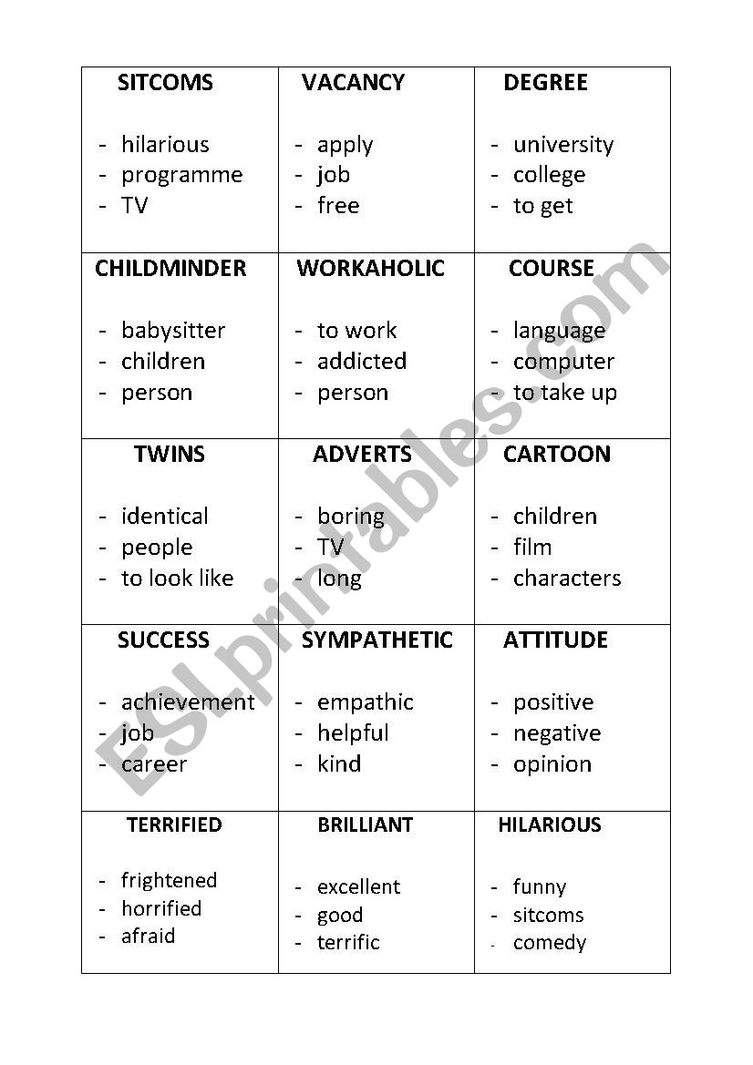 TABOO CARDS no.3 worksheet