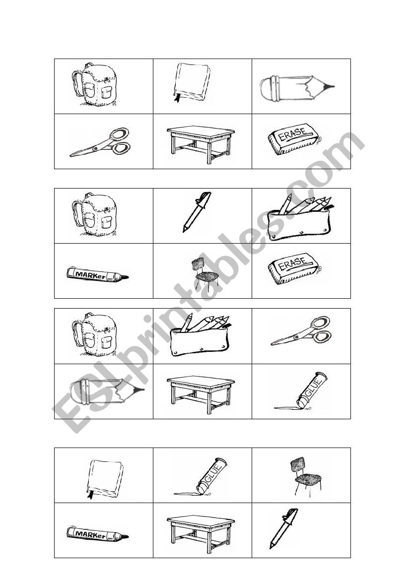 school objects-bingo worksheet