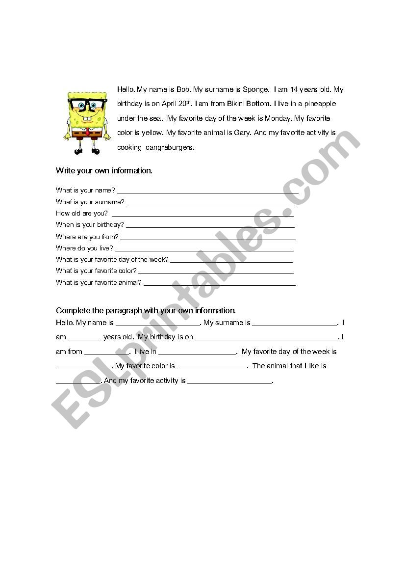 SPONGE BOB worksheet