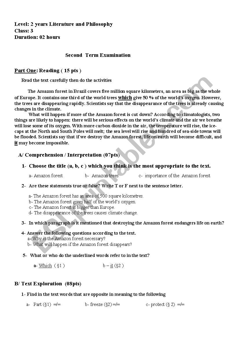 exam worksheet