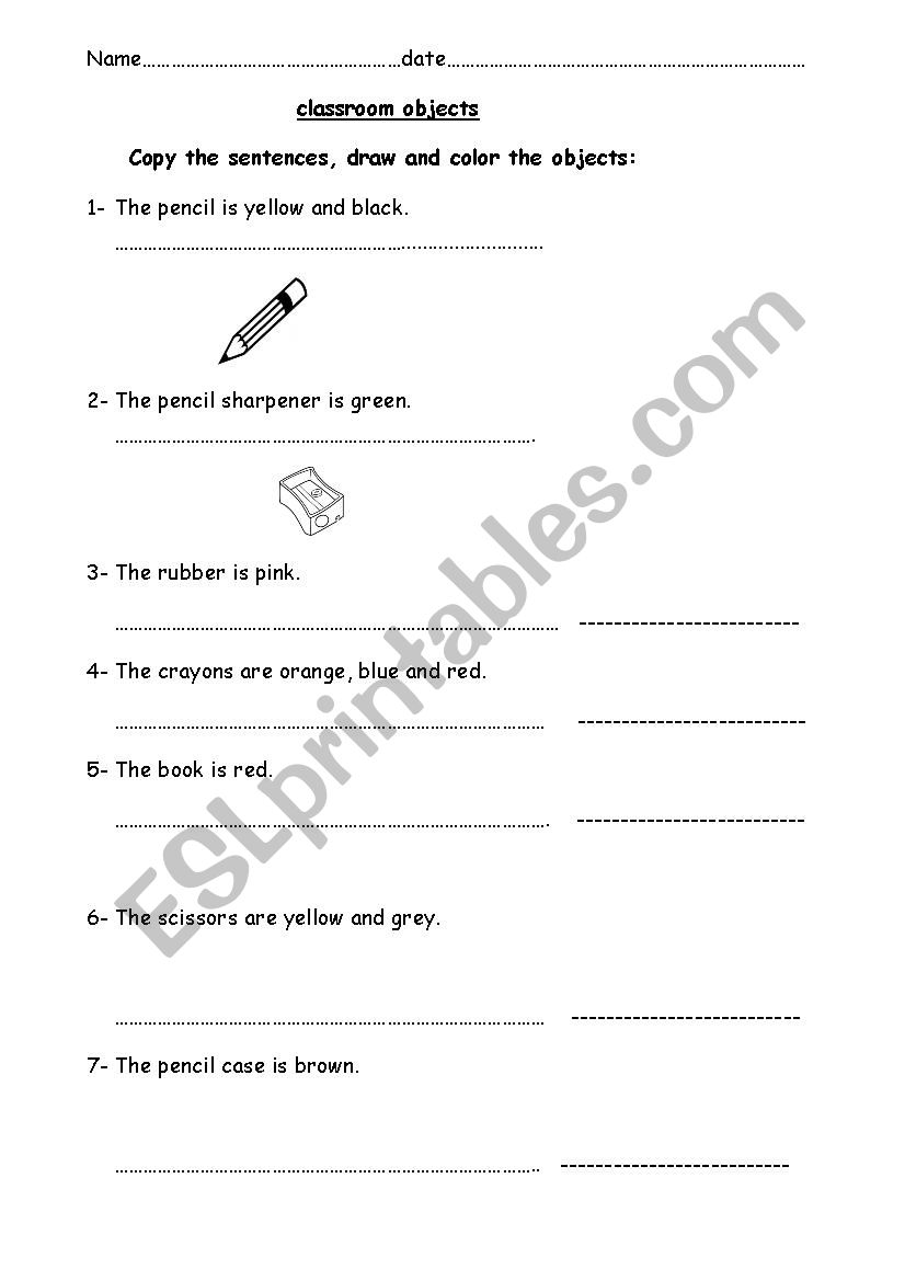 classroom objects worksheet