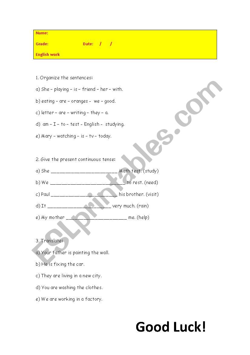 Present continuous worksheet