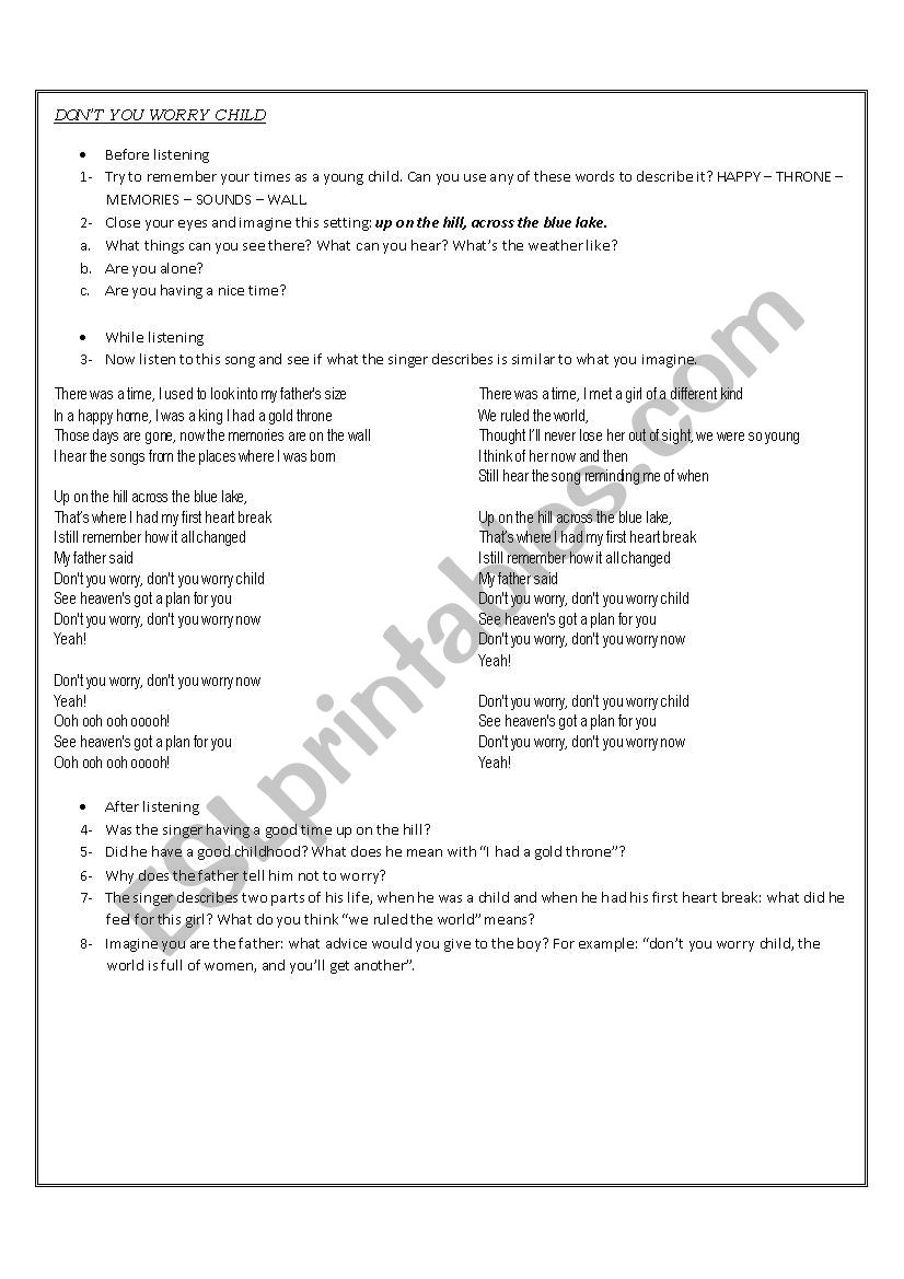 Dont you worry child worksheet