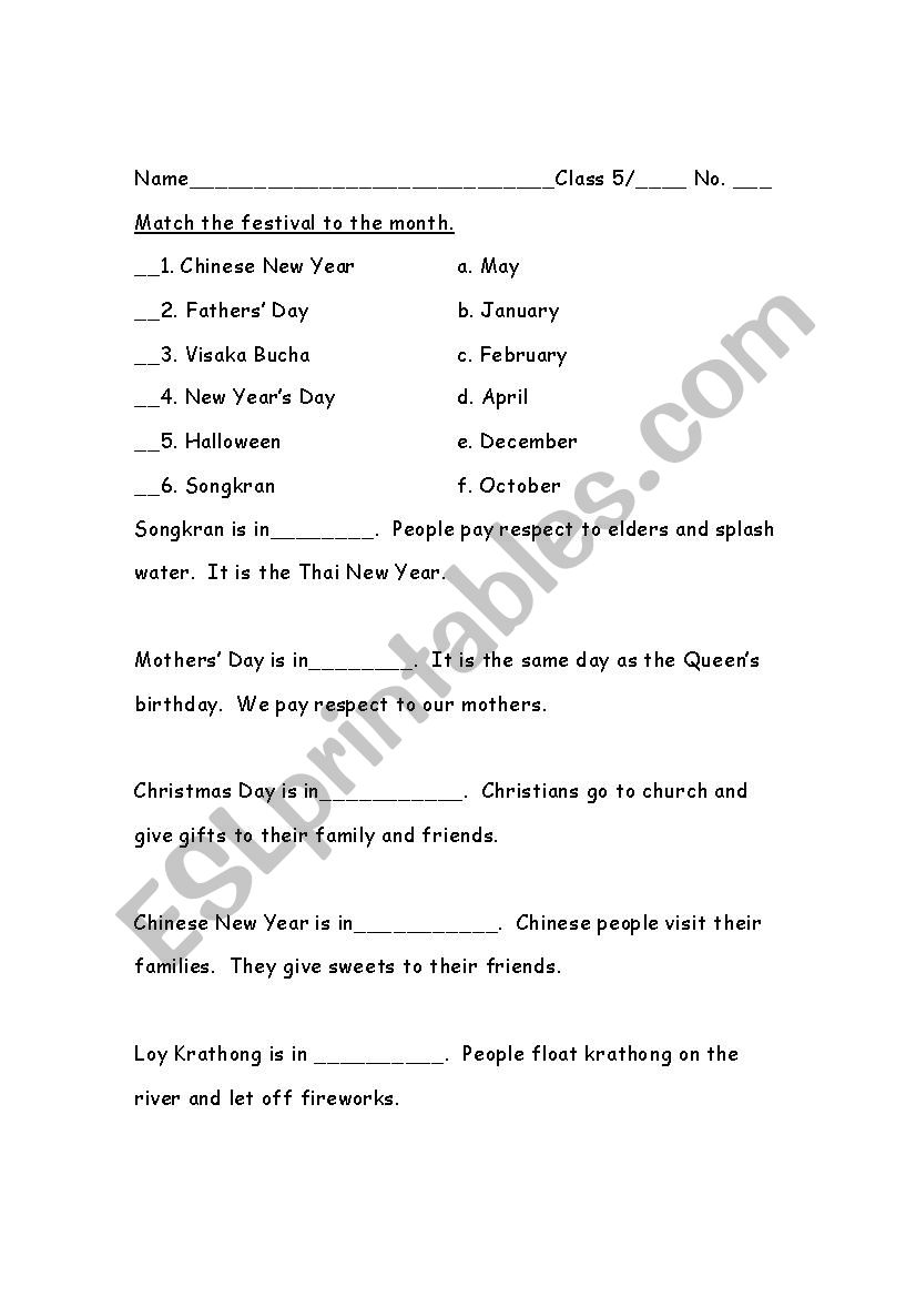 Festival worksheet