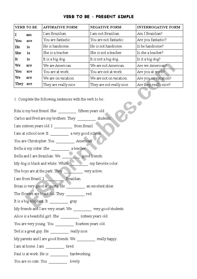 Verb to be - Present Simple worksheet