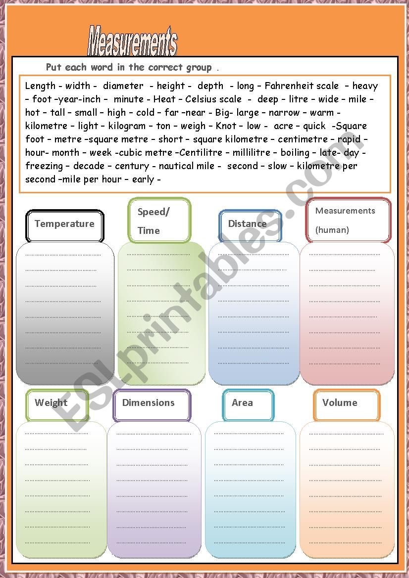 measurements  worksheet