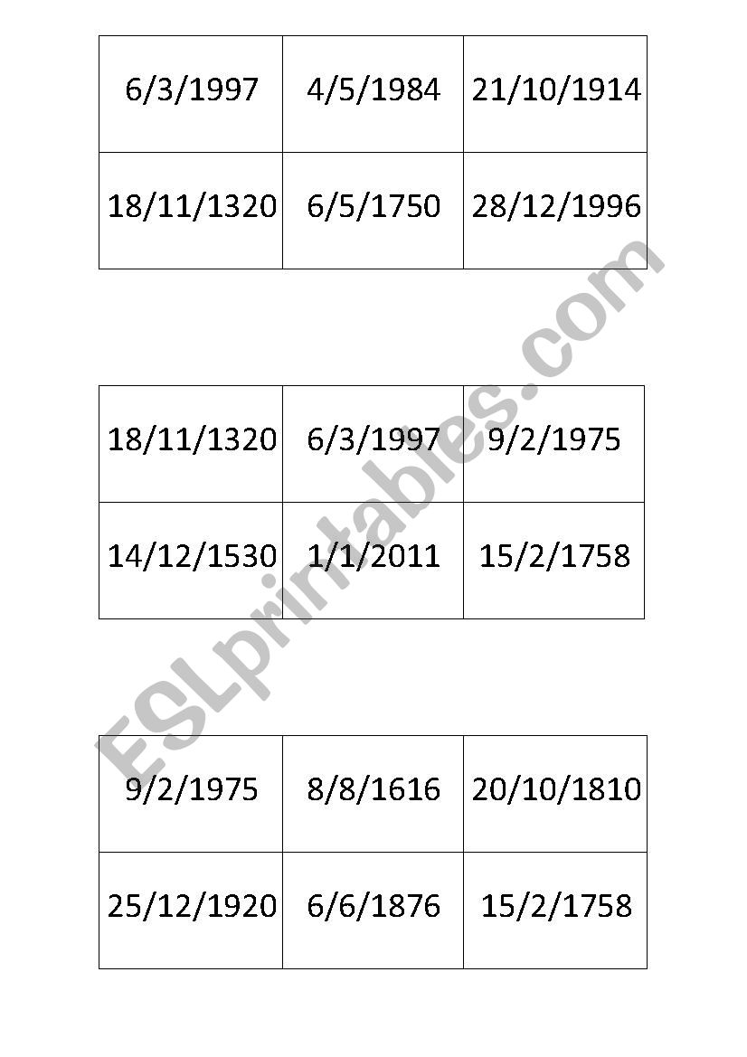 Dates bingo worksheet