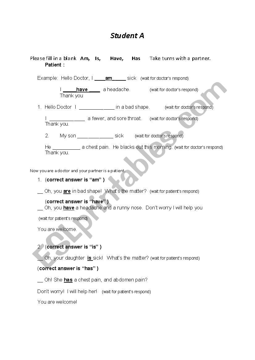 Doctors visit Grammar to be worksheet