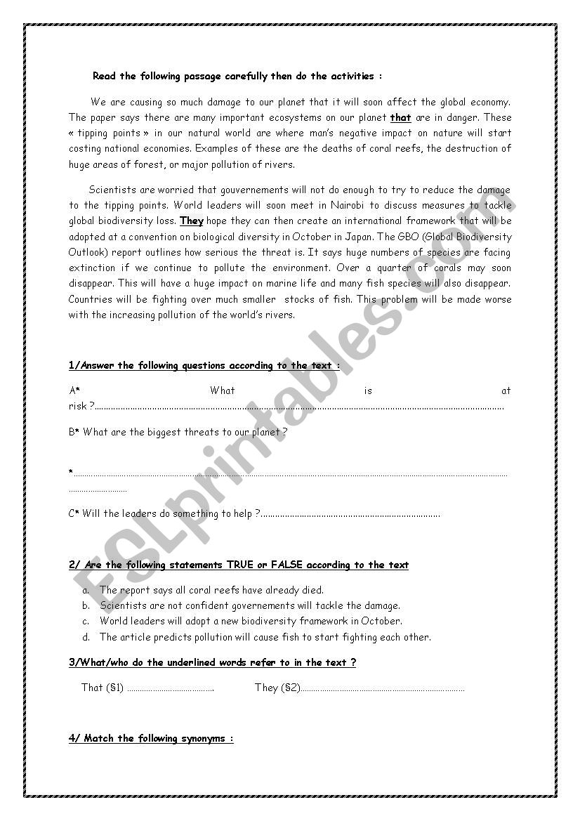 test reading worksheet