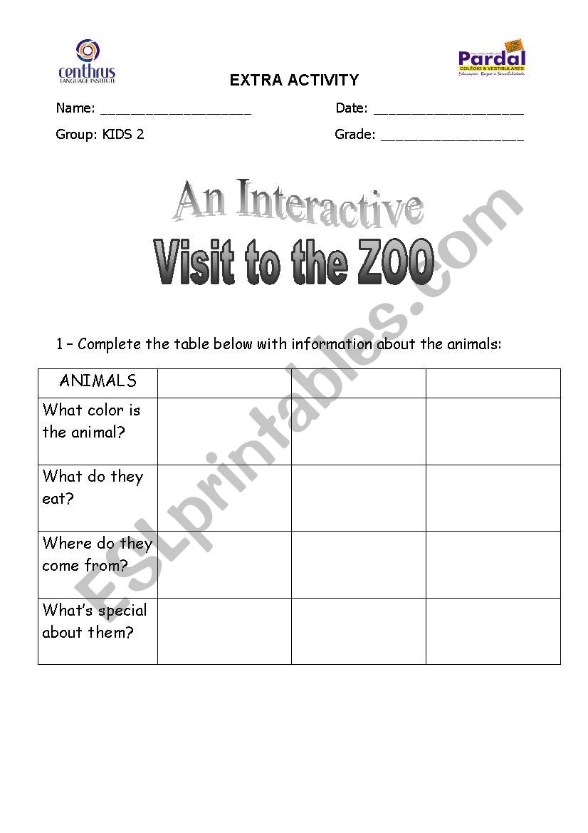 A visit to the ZOO worksheet