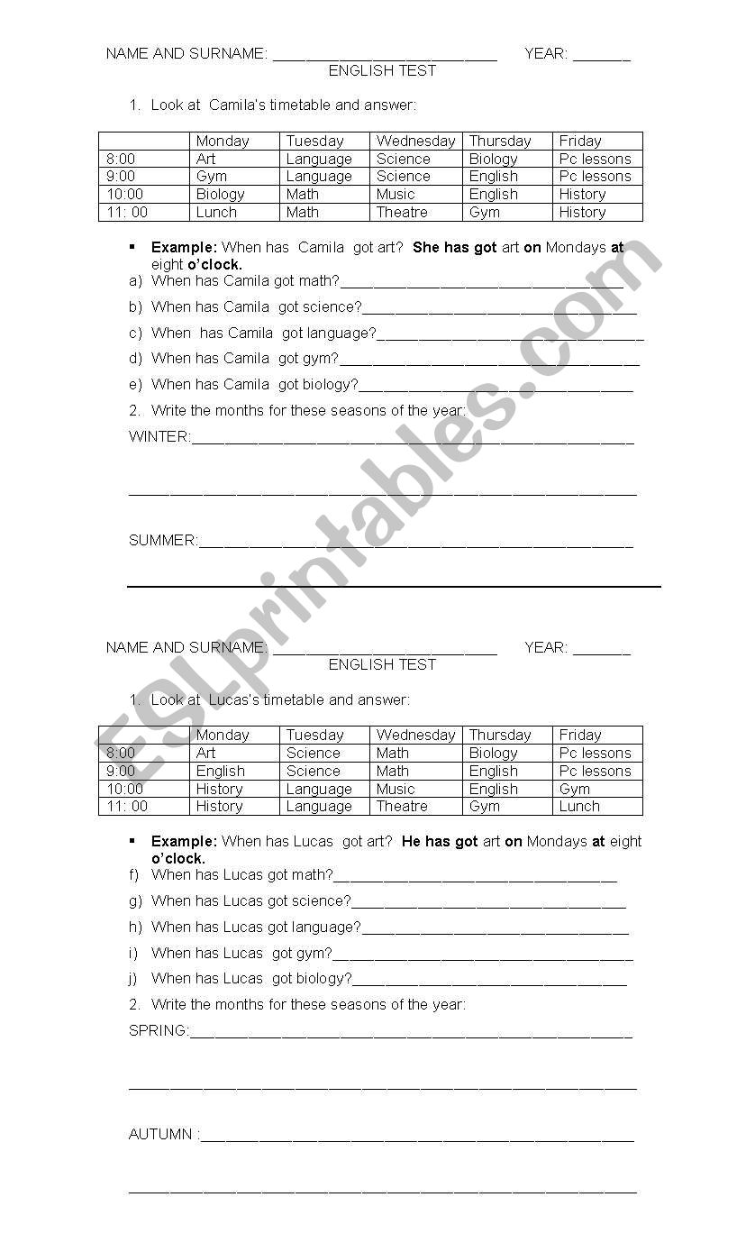 Timetables worksheet