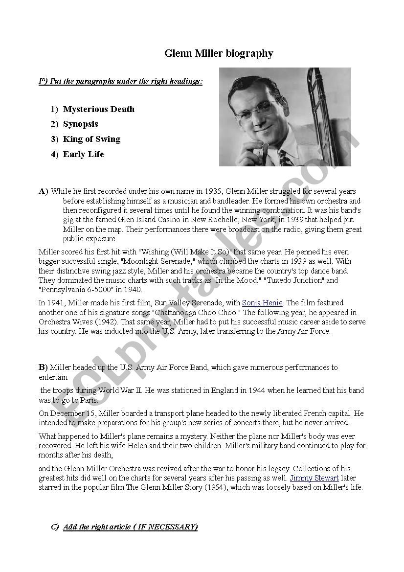 Jazz.Glenn Miller biography worksheet