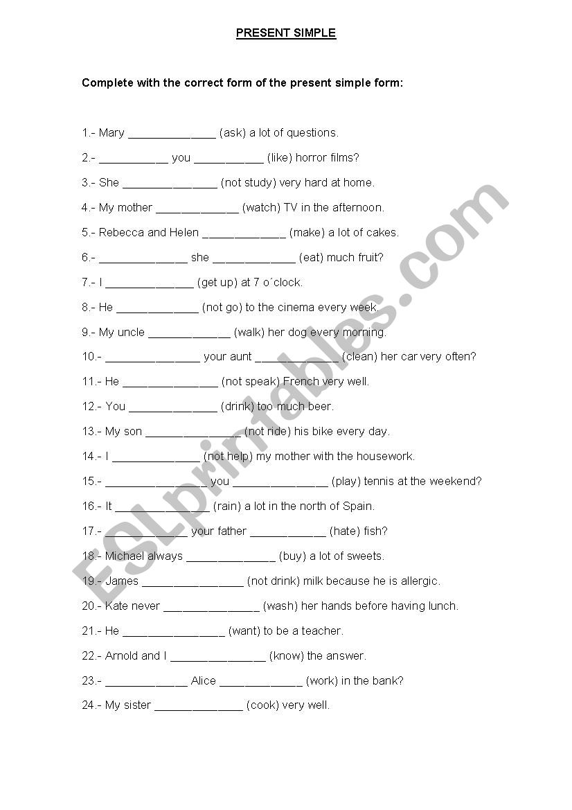 PRESENT SIMPLE with answers worksheet