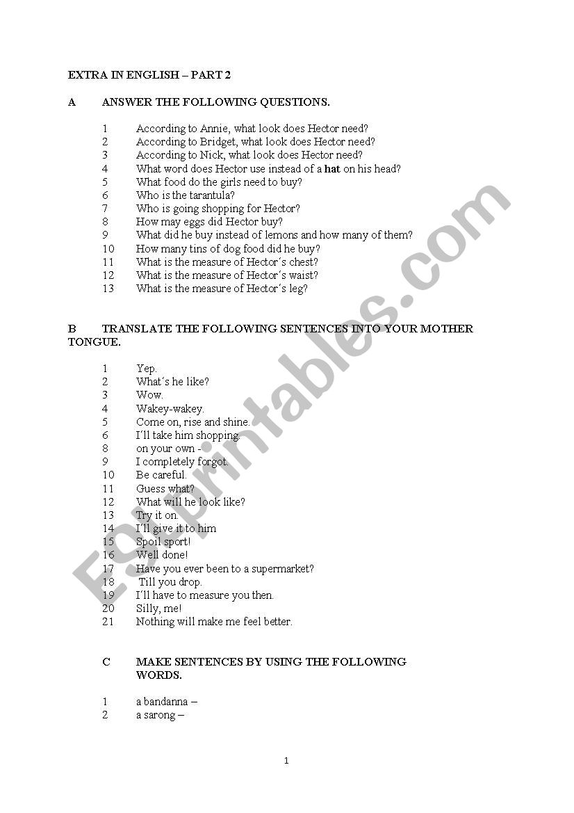 Extra in English part 2 worksheet