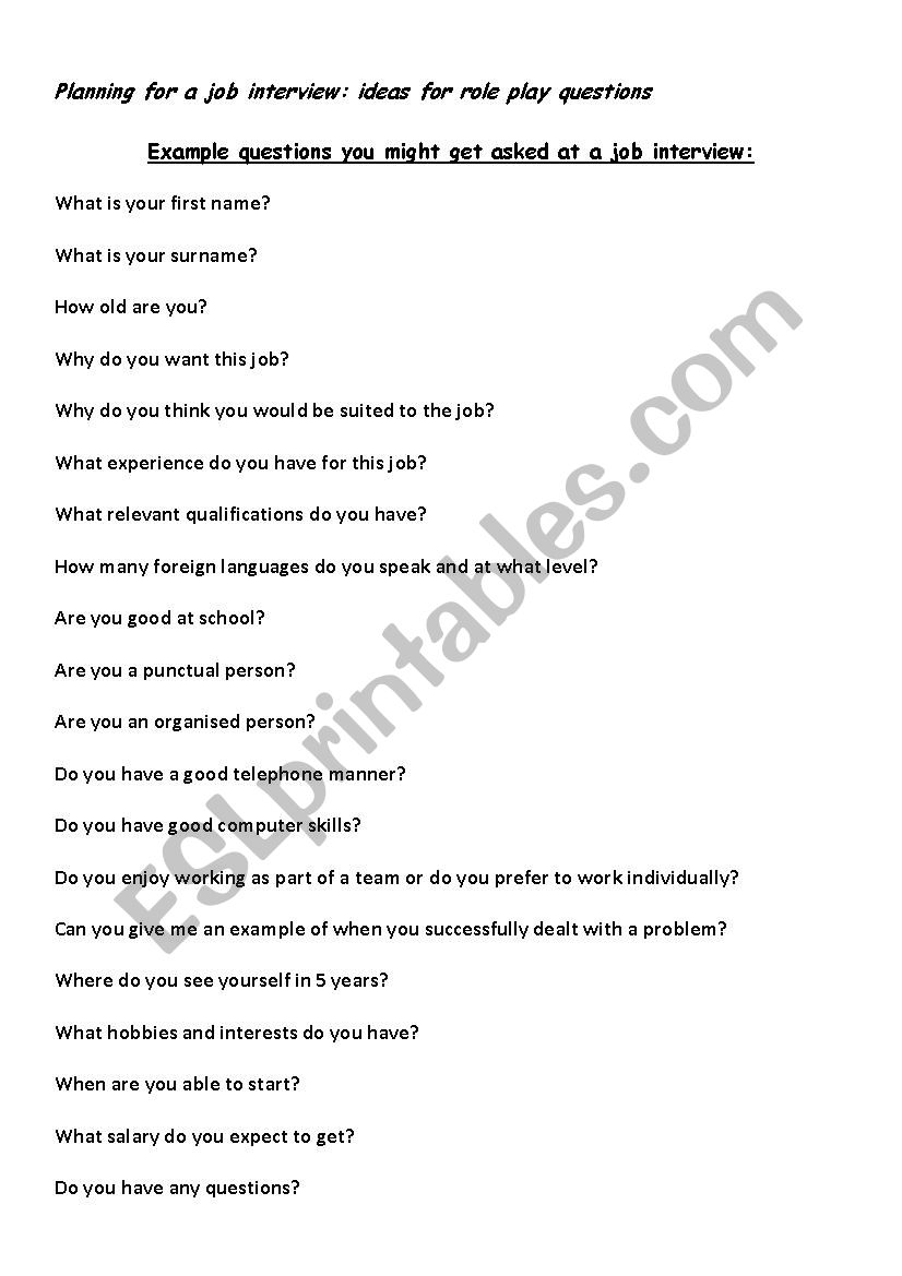 Job Interview Role Play Questions