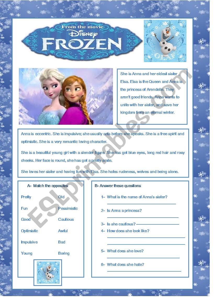 Frozen Movie English Worksheets