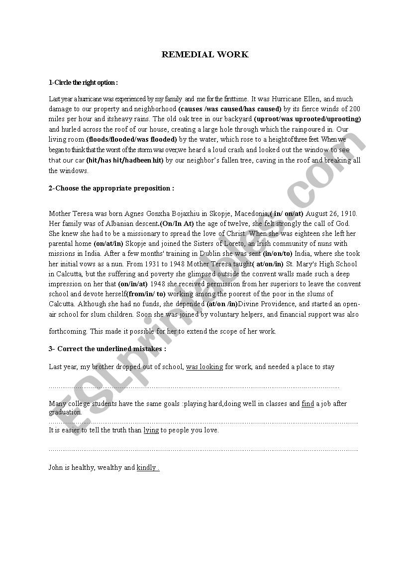 remedial work 3rd form worksheet